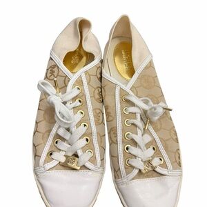 Michael Kors Beige Logo Canvas Lace-Up Sneakers with White Trim
